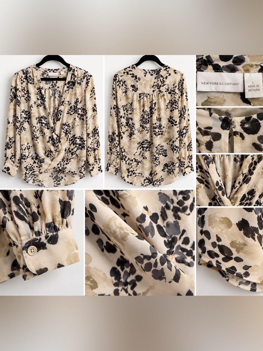 New York & Company Cream Abstract Floral Wrap Blouse Size L